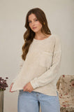 WASHED POCKET DETAIL LONG SLEEVE RIB KNIT TOP : LIGHT OLIVE