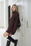 CABLE KNIT MOCK NECK MINI SWEATER DRESS: CHOCOLATE BROWN