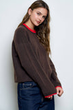 CONTRAST ROLLED EDGE CREWNECK PULLOVER : CHARCOAL