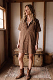 Polka Dot Denim Shirt Dress: BROWN / L