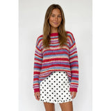 TF26-0089 - Multi stripe boat neck sweater : CHERRY/SKY / S-M-L(3-2-1)