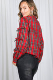 Bow Accent Puff Sleeve Collared Neck Plaid Shirt VT82811C: Hunter green / L