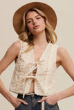 Embroidered Lace Tie-Front Vest: Deep Green / L