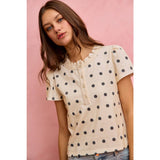 POLK-A-DOT KNIT LACE TRIM ON NECKLINE SHORT TOP: OFF WHITE/BLACK / L