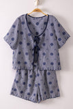 NT12482SET-Floral Embroidery Woven Top & Shorts Set: NAVY / S-M-L/2-2-2