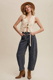 Embroidered Lace Tie-Front Vest: Deep Green / L
