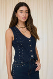 STUD DETAIL V NECK BUTTON DOWN DENIM VEST: DENIM