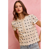 POLK-A-DOT KNIT LACE TRIM ON NECKLINE SHORT TOP: OFF WHITE/BLACK / L