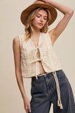 Embroidered Lace Tie-Front Vest: Deep Green / L