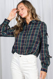 Bow Accent Puff Sleeve Collared Neck Plaid Shirt VT82811C: Hunter green / L