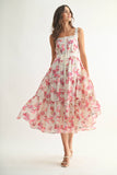 CD10679J FLORAL LACE-TRIM TIERED DRESS: FUCHSIA MULTI / S-M-L (3-2-1)