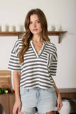 STRIPE SHORT SLEEVE BOXY HENLEY KNIT TOP-backorder: MOCHA