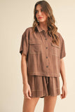 BUTTON UP BOXY SHIRT AND SHORTS SET MPST3891: BROWNIE / L