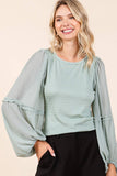 MIXED MEDIA TEXTURED KNIT CHIFFON LONG SLEEVE TOP: IVORY / S