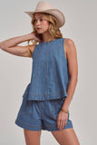 SLEEVELESS DENIM TOP AND MATCHING SHORTS SET: DENIM / S-M-L(2-2-2)