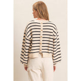Striped Ribbed Crew Neck Sweater: CAMEL / S-M-L(2-2-2)