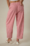 ELASTIC WAIST BAND GINGHAM PRINTED BARREL FIT TWILL PANTS: CREAM-RED GINGHAM / L