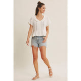 NATURALLY AIRY FEEL COTTON GAUZE LACE TRIM BABYDOLL BLOUSE: PEARL / L