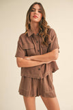 BUTTON UP BOXY SHIRT AND SHORTS SET MPST3891: BROWNIE / L