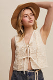 Embroidered Lace Tie-Front Vest: Deep Green / L