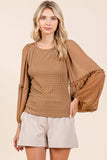 MIXED MEDIA TEXTURED KNIT CHIFFON LONG SLEEVE TOP: IVORY / S