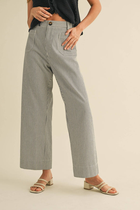STRIPED HIGH WAIST WIDE LEG PANTS MP3775: BLACK STRIPE / L