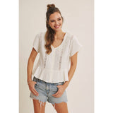 NATURALLY AIRY FEEL COTTON GAUZE LACE TRIM BABYDOLL BLOUSE: PEARL / L