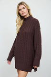 CABLE KNIT MOCK NECK MINI SWEATER DRESS: CHOCOLATE BROWN