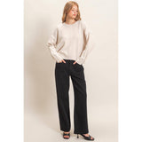 Crew Neck Sweater With Ribbed Hem: OATMEAL / S-M-L(2-2-2)