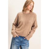 Crew Neck Sweater With Ribbed Hem: OATMEAL / S-M-L(2-2-2)