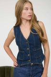 V NECK SLEEVELESS BUTTON DOWN DENIM VEST : DENIM