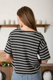 STRIPE SHORT SLEEVE BOXY HENLEY KNIT TOP-backorder: MOCHA