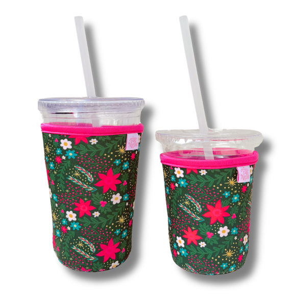 Coffee Cup Cover - Holiday Poinsettia Print- Drink Sleeve: Large / 24oz