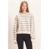 Striped Ribbed Crew Neck Sweater: CAMEL / S-M-L(2-2-2)