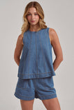 SLEEVELESS DENIM TOP AND MATCHING SHORTS SET: DENIM / S-M-L(2-2-2)