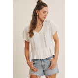 NATURALLY AIRY FEEL COTTON GAUZE LACE TRIM BABYDOLL BLOUSE: PEARL / L